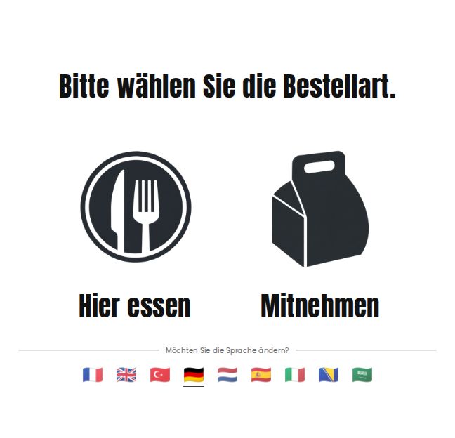 Auswahl hier essen oder mitnehmen und Sprache am Terminal