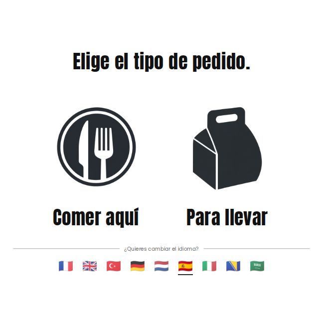 Elección para comer aquí o para llevar e idioma en el kiosco