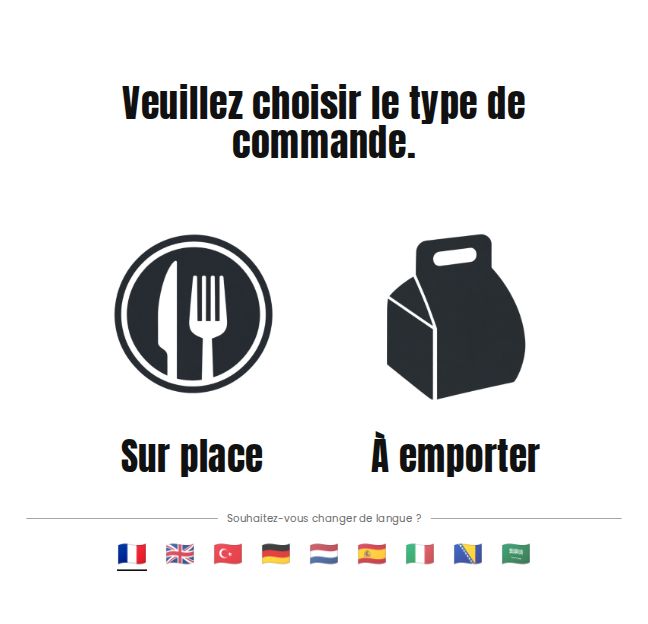 Choix sur place ou à emporter et de la langue sur la borne