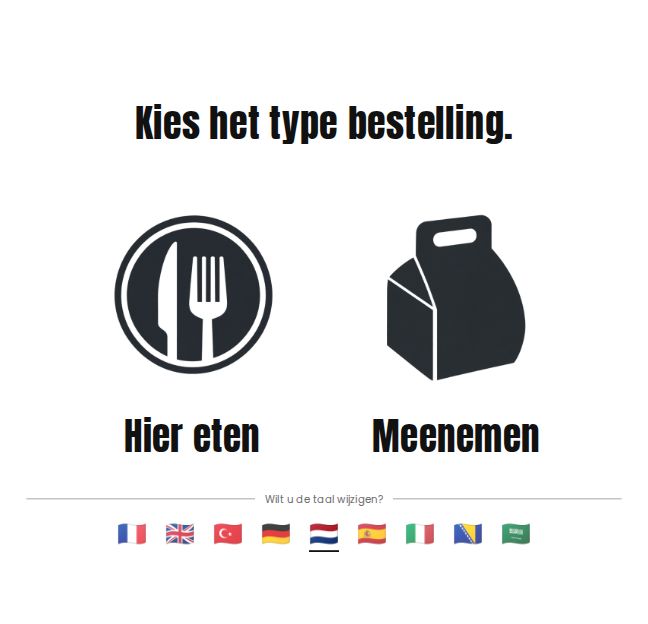 Keuze hier eten of meenemen en taal op de zuil