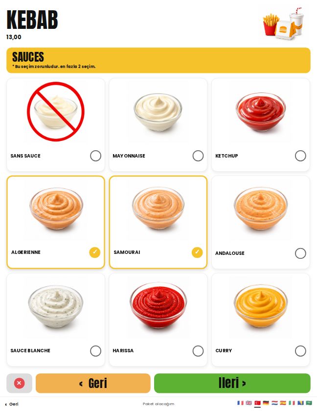 Sipariş kioskunda sos seçimi