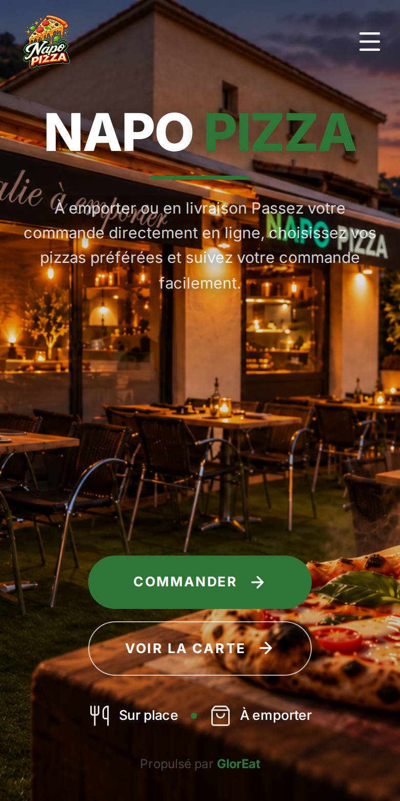 Site de commande en ligne de Napo Pizza, Le Pouzin (Ardèche), sur téléphone